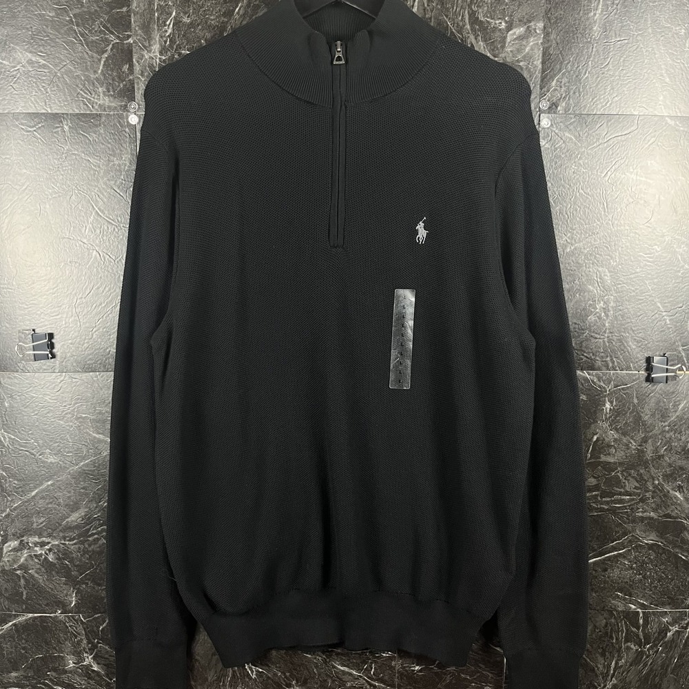 Polo Ralph Lauren Men's Black Mesh Knit Quarter Sweater Large -NEW